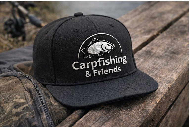 Gorra Carpfishing & Friends junto al agua, luz de atardecer