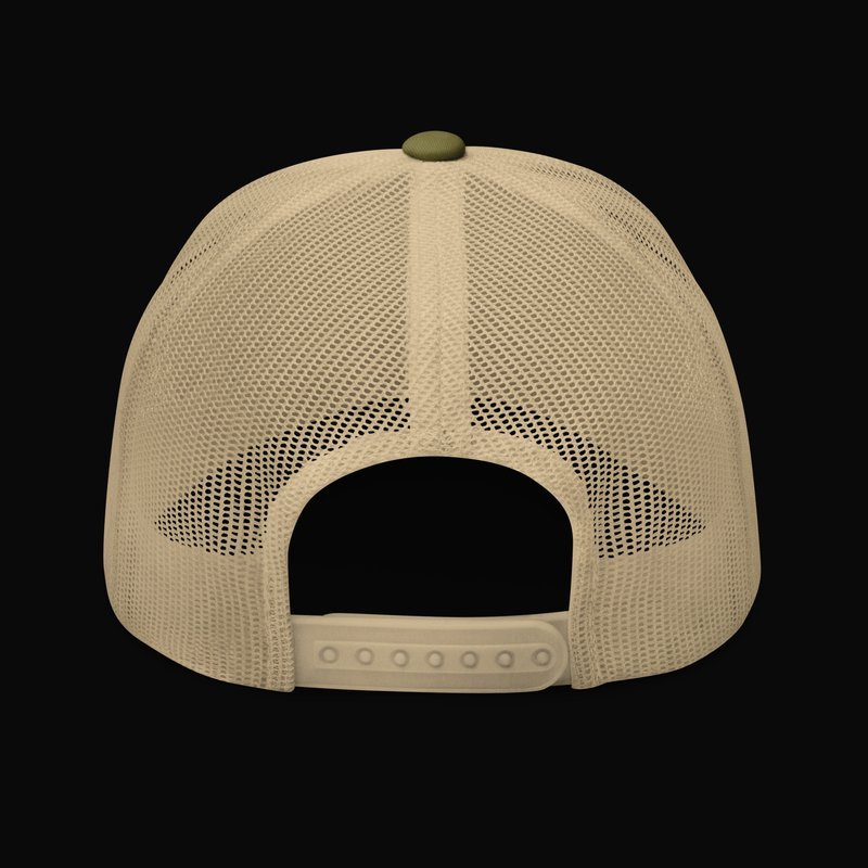 Gorra trucker verde y caqui Carpfishing & Friends, vista trasera con cierre ajustable