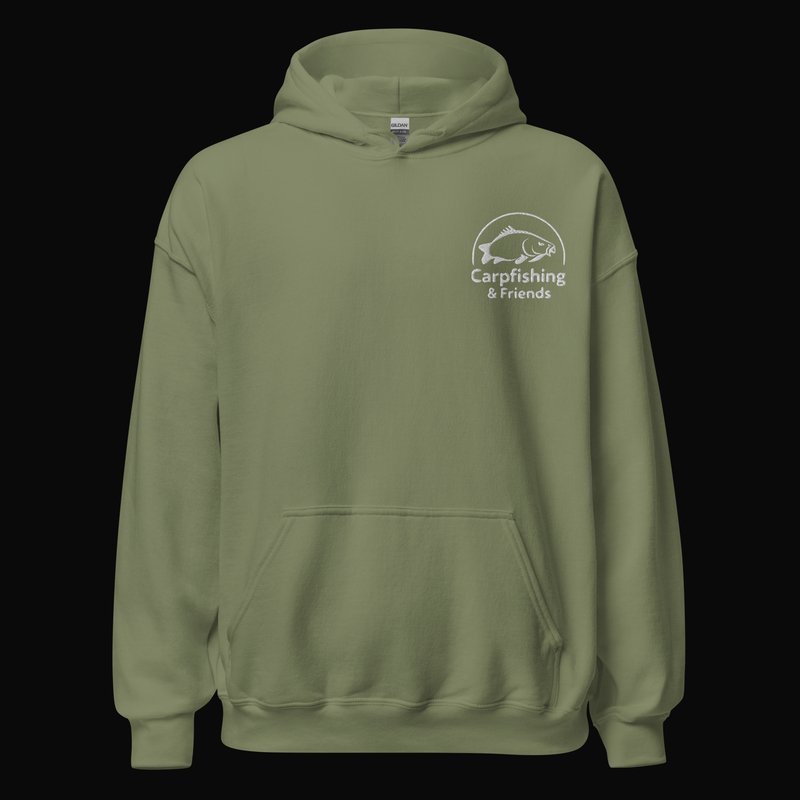 Sudadera con capucha verde Carpfishing & Friends, vista frontal, bordado en el pecho