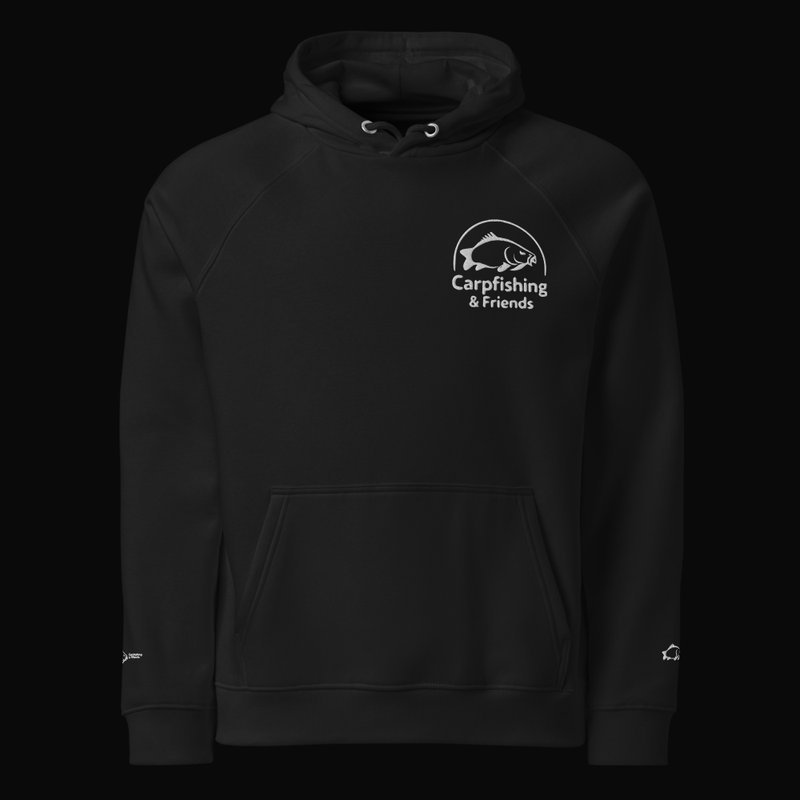 Sudadera con capucha negra Carpfishing & Friends en percha, vista de producto