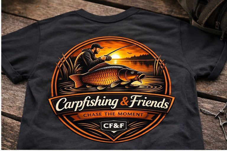 Camiseta negra Carpfishing & Friends, estampado en la espalda